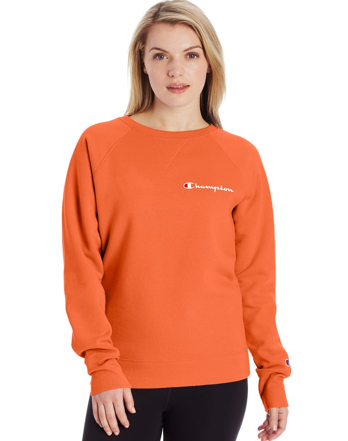 Champion Womens Sweatshirt NZ - Powerblend Fleece Classic Crew Script Logo Orange ( 5962-NTLJQ )